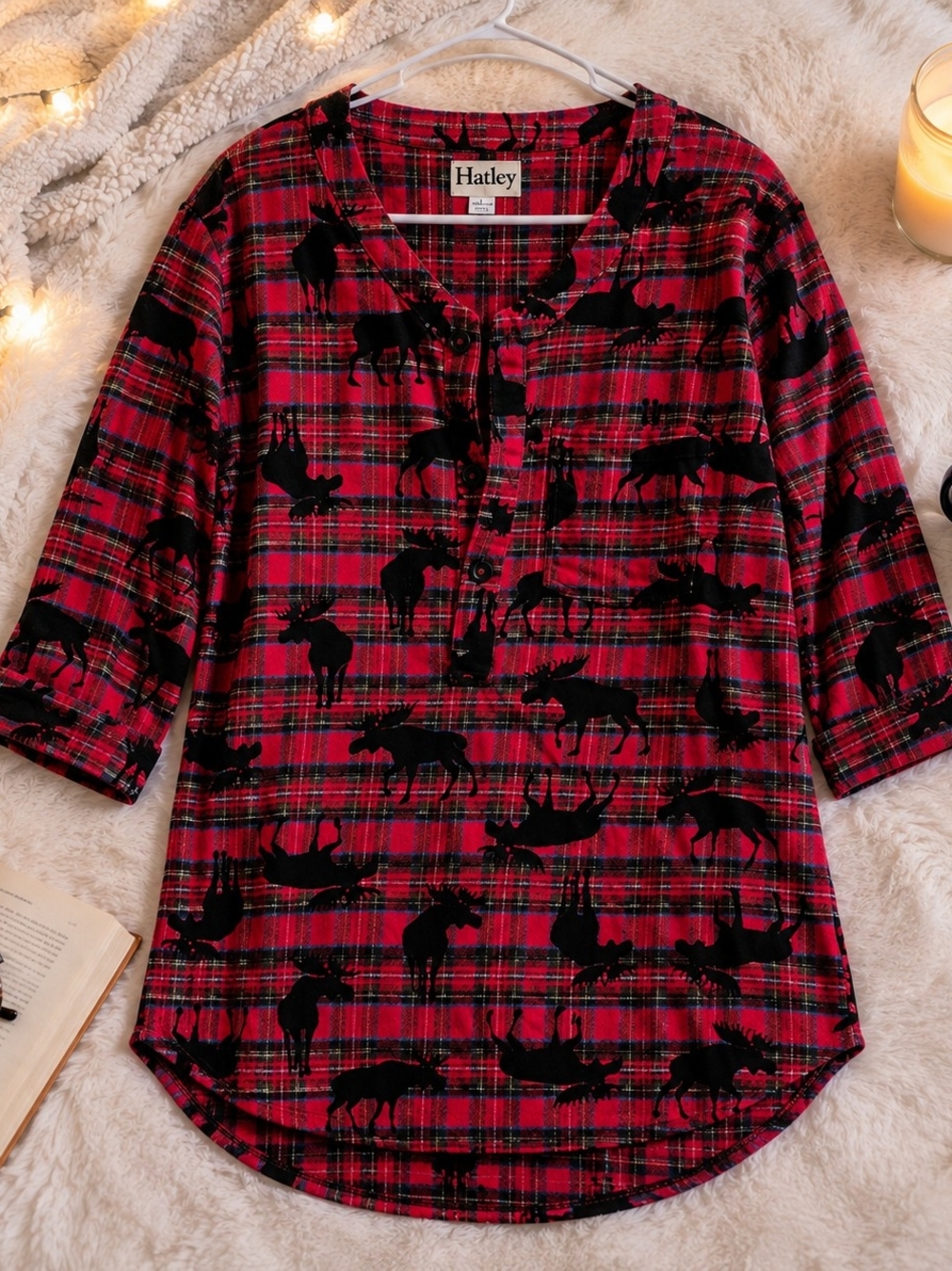 Hatley Moose Plaid Nightshirt Sleep Shirt PTP 24" LG/XL Cabincore